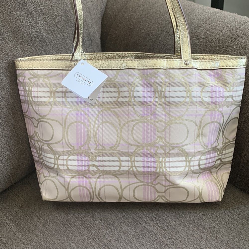 Coach tote mini gold and purple plaid NWT - Picture 3 of 12